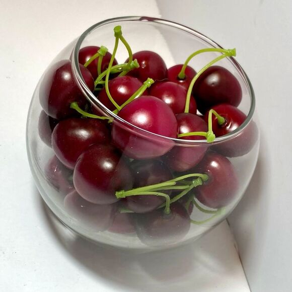BOWL of CHERRIES Green Stems Glass Bowl Centerpiece Fruit Decor  Rim 4.5 in - Picture 11 of 12